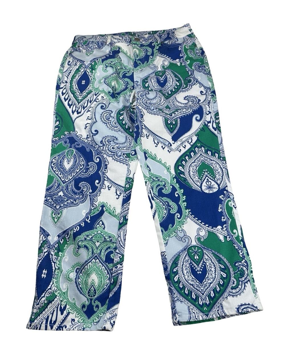 Chico’s Platinum Crop Pants Size 1.5 Blue Green Paisley Pull On Stretch Crop